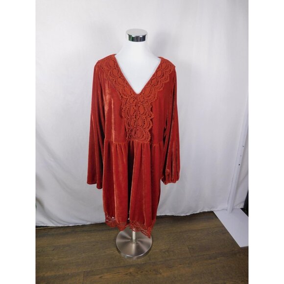 Rusttydustty Dress Womens 2XL Rust Velvet Boho Lace Trim Long Sleeve V Neck - Picture 1 of 11